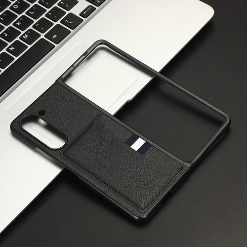 For Samsung Galaxy Z Fold5 5G PU Leather+PC Phone Case Litchi Texture Shockproof Card Slot Cover - Black - 1