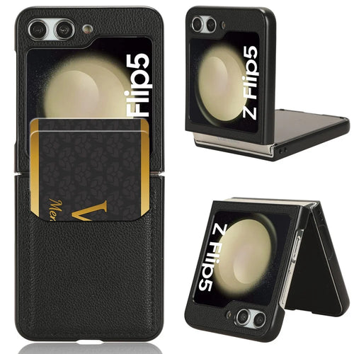 For Samsung Galaxy Z Flip5 5G PU Leather+PC Back Cover Ultra Thin Litchi Texture Card Slot Phone Case - Black - 1