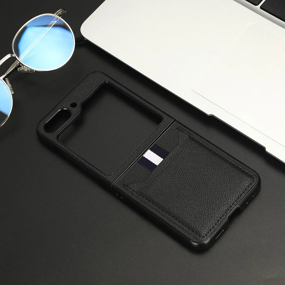 For Samsung Galaxy Z Flip5 5G PU Leather+PC Back Cover Ultra Thin Litchi Texture Card Slot Phone Case - Black - 7