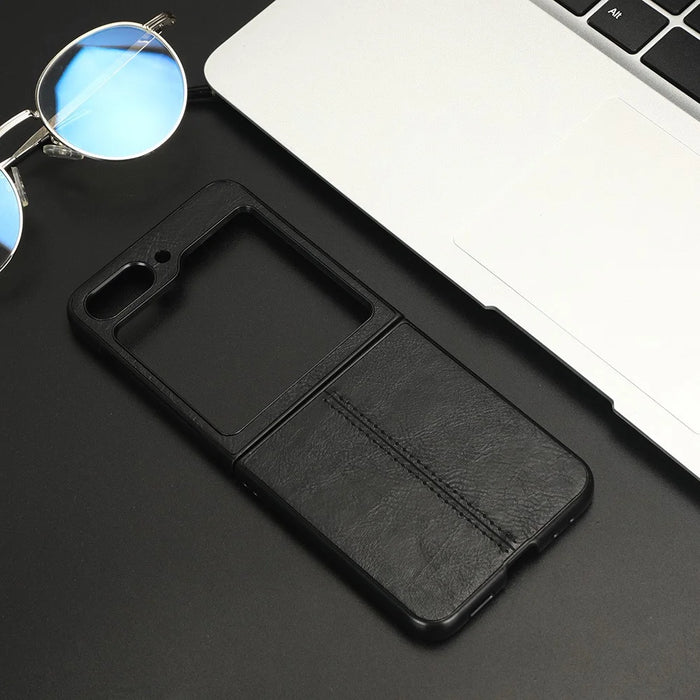 For Samsung Galaxy Z Flip5 5G PU Leather + Hard PC Phone Case Stitching Lines Shockproof Cover - Black - 1