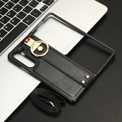For Samsung Galaxy Z Fold5 5G Calf Texture PU Leather PC Case Kickstand Grip Phone Cover with Shoulder Strap - Black - 1