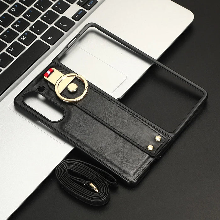For Samsung Galaxy Z Fold5 5G Calf Texture PU Leather PC Case Kickstand Grip Phone Cover with Shoulder Strap - Black - 1