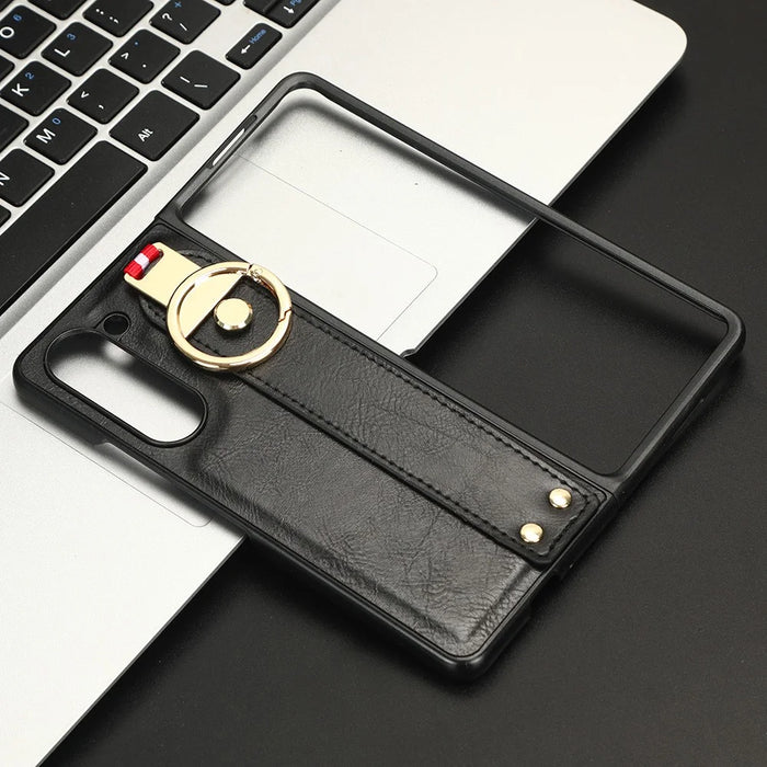 For Samsung Galaxy Z Fold5 5G Calf Texture PU Leather PC Case Kickstand Grip Phone Cover with Shoulder Strap - Black - 2