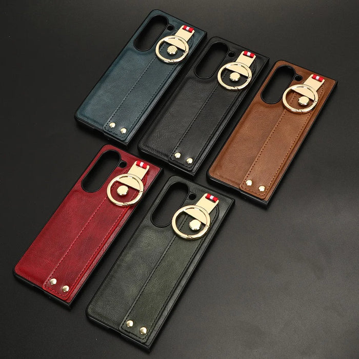 For Samsung Galaxy Z Fold5 5G Calf Texture PU Leather PC Case Kickstand Grip Phone Cover with Shoulder Strap - Black - 5