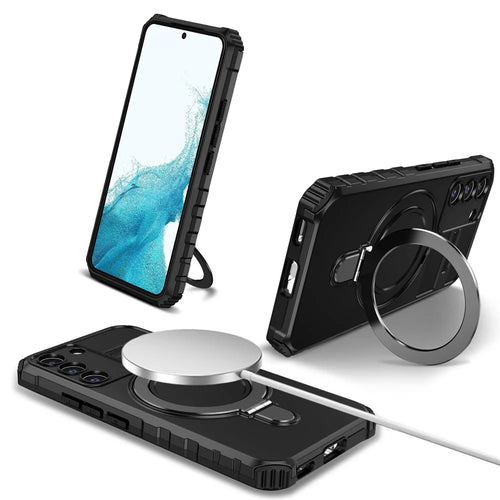 For Samsung Galaxy S22 5G Magnetic Case PC+TPU Kickstand Phone Cover - Black - 1
