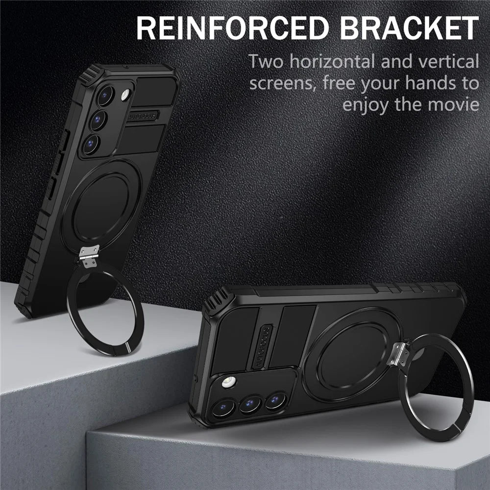 For Samsung Galaxy S22 5G Magnetic Case PC+TPU Kickstand Phone Cover - Black - 3