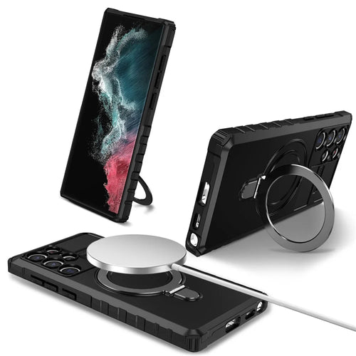 For Samsung Galaxy S22 Ultra 5G PC+TPU Shockproof Case Magnetic Phone Cover with Ring Kickstand - Black - 1