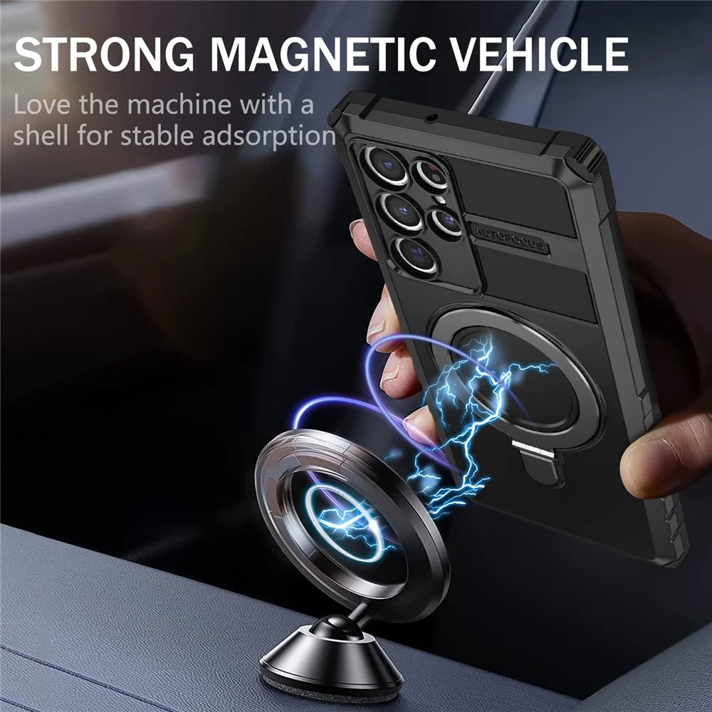 For Samsung Galaxy S22 Ultra 5G PC+TPU Shockproof Case Magnetic Phone Cover with Ring Kickstand - Black - 2