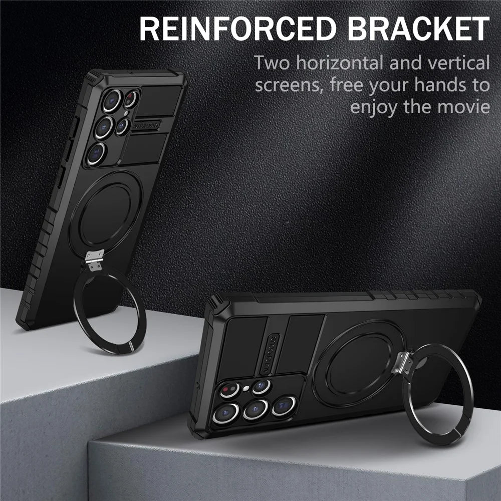 For Samsung Galaxy S22 Ultra 5G PC+TPU Shockproof Case Magnetic Phone Cover with Ring Kickstand - Black - 3