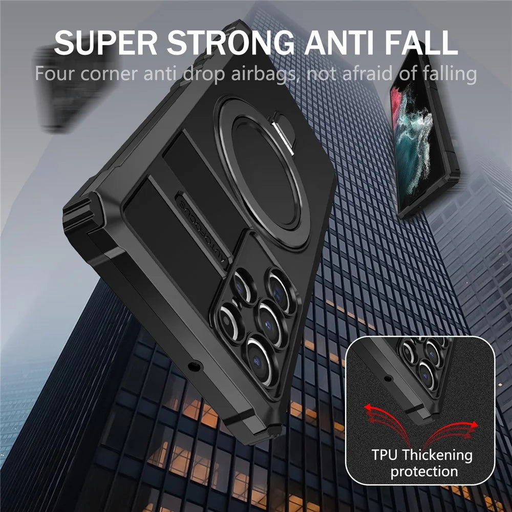 For Samsung Galaxy S22 Ultra 5G PC+TPU Shockproof Case Magnetic Phone Cover with Ring Kickstand - Black - 4