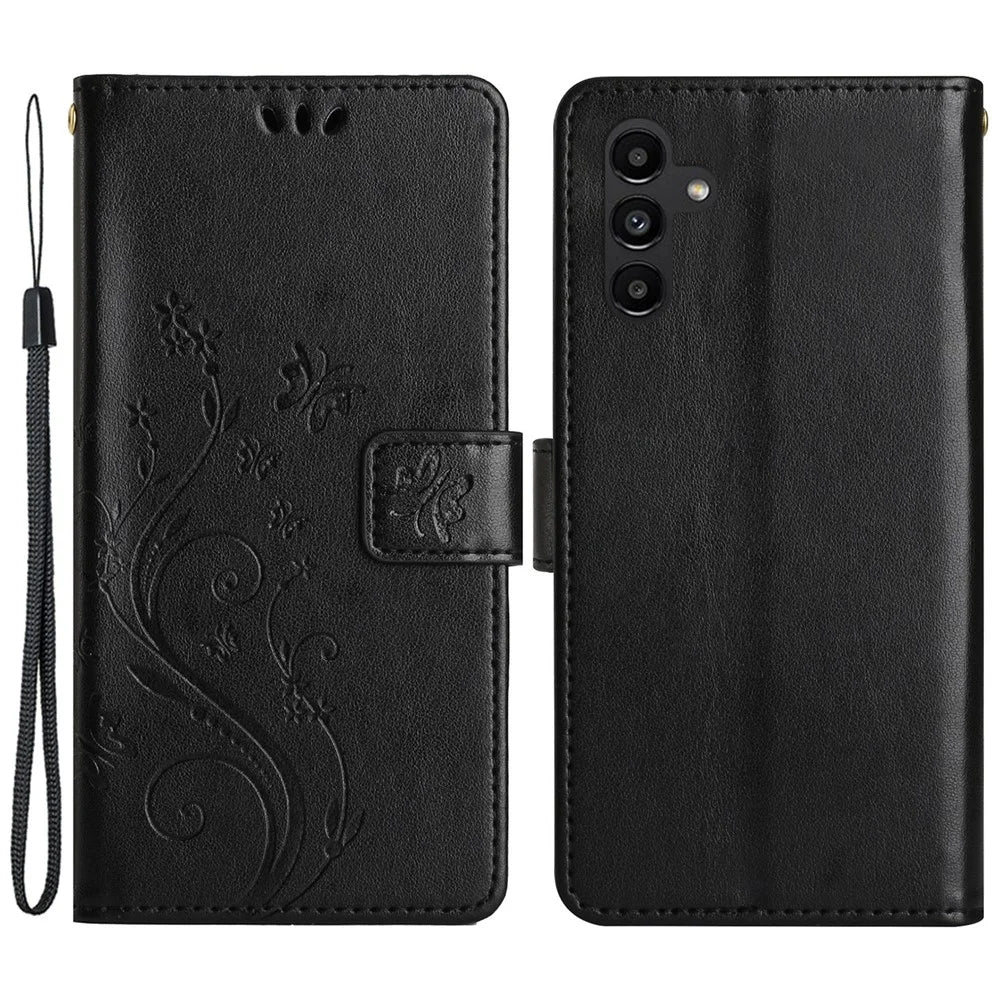 For Samsung Galaxy M14 5G Imprinted Butterflies PU Leather Phone Case Wallet Cover Stand with Strap - Black - 1