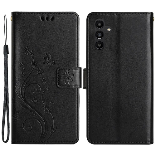 For Samsung Galaxy M14 5G Imprinted Butterflies PU Leather Phone Case Wallet Cover Stand with Strap - Black - 1