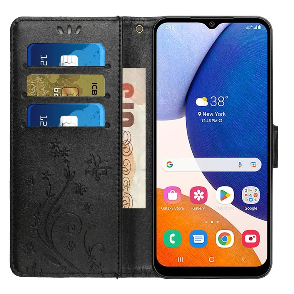 For Samsung Galaxy M14 5G Imprinted Butterflies PU Leather Phone Case Wallet Cover Stand with Strap - Black - 3