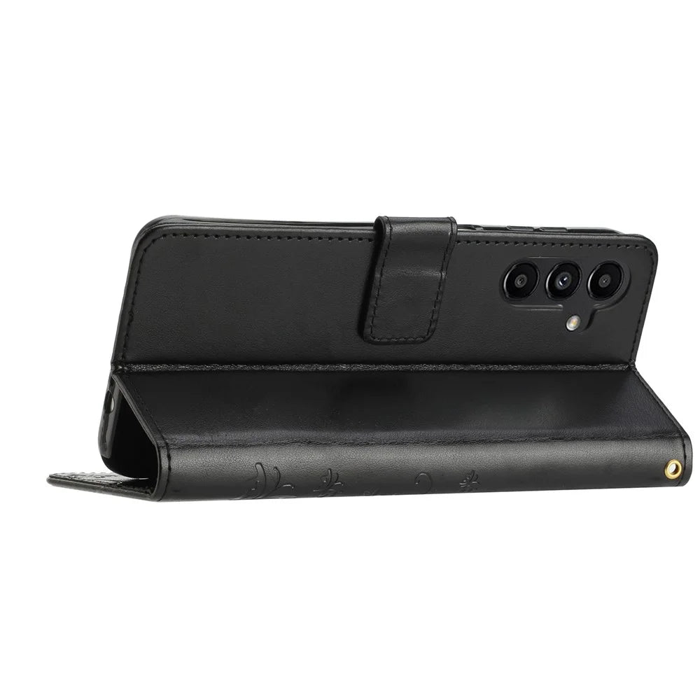 For Samsung Galaxy M14 5G Imprinted Butterflies PU Leather Phone Case Wallet Cover Stand with Strap - Black - 4