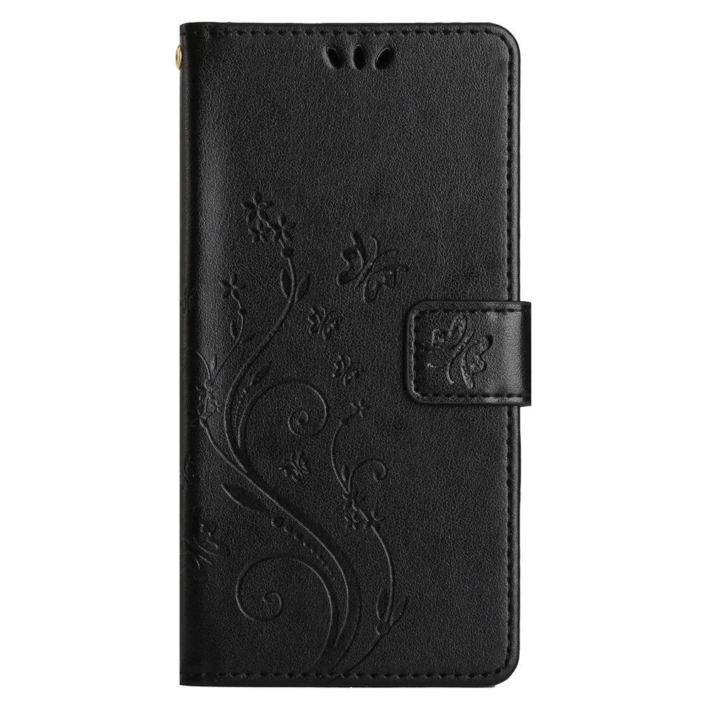 For Samsung Galaxy M14 5G Imprinted Butterflies PU Leather Phone Case Wallet Cover Stand with Strap - Black - 6