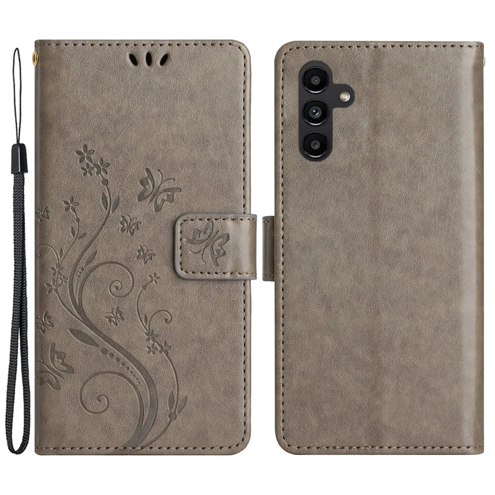 For Samsung Galaxy M54 5G / F54 5G Phone Case Imprinted Butterflies PU Leather Wallet Cover Stand with Strap - Grey - 1