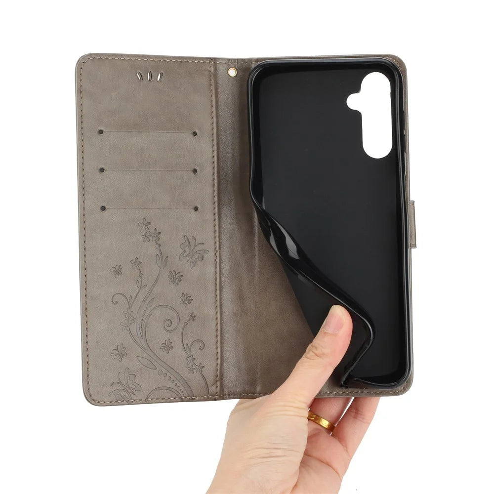 For Samsung Galaxy M54 5G / F54 5G Phone Case Imprinted Butterflies PU Leather Wallet Cover Stand with Strap - Grey - 5