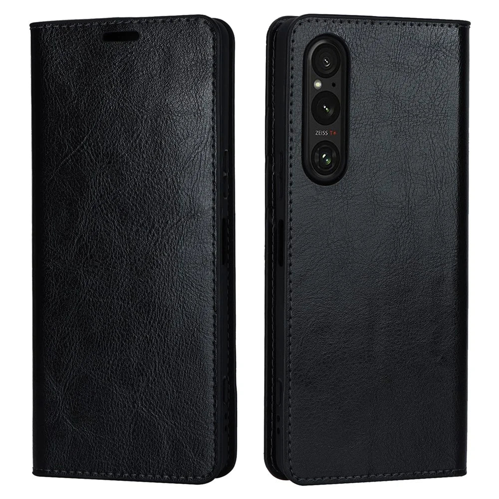 For Sony Xperia 1 V Stand Flip Wallet Crazy Horse Texture Genuine Cow Leather Cover Phone Case - Black - 1