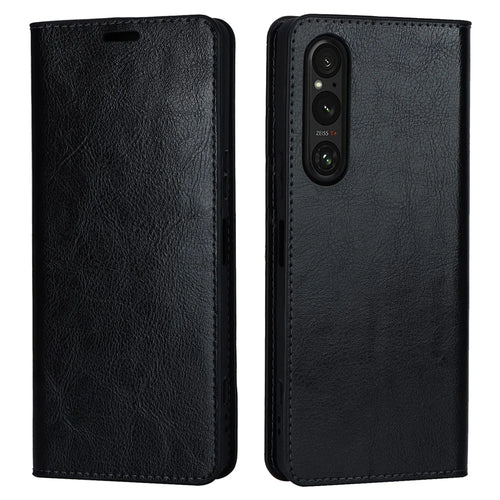 For Sony Xperia 1 V Stand Flip Wallet Crazy Horse Texture Genuine Cow Leather Cover Phone Case - Black - 1