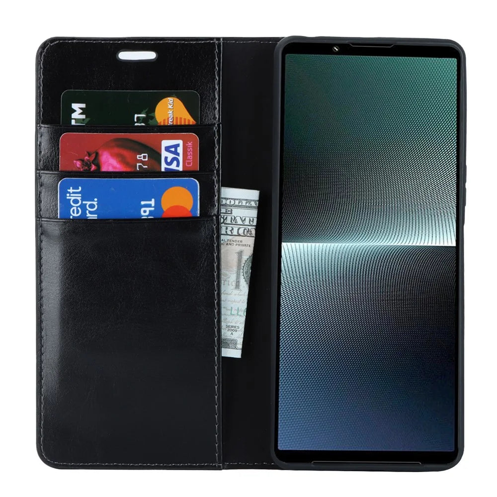 For Sony Xperia 1 V Stand Flip Wallet Crazy Horse Texture Genuine Cow Leather Cover Phone Case - Black - 2