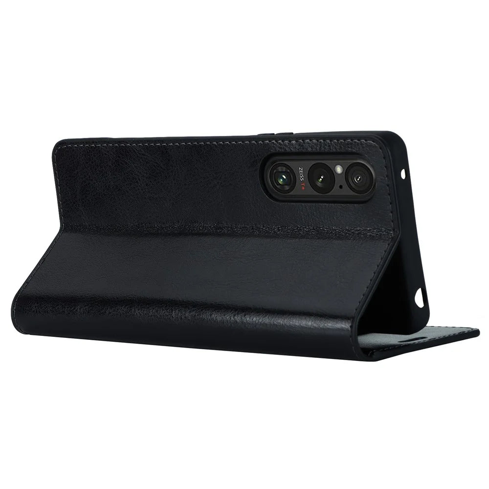 For Sony Xperia 1 V Stand Flip Wallet Crazy Horse Texture Genuine Cow Leather Cover Phone Case - Black - 4