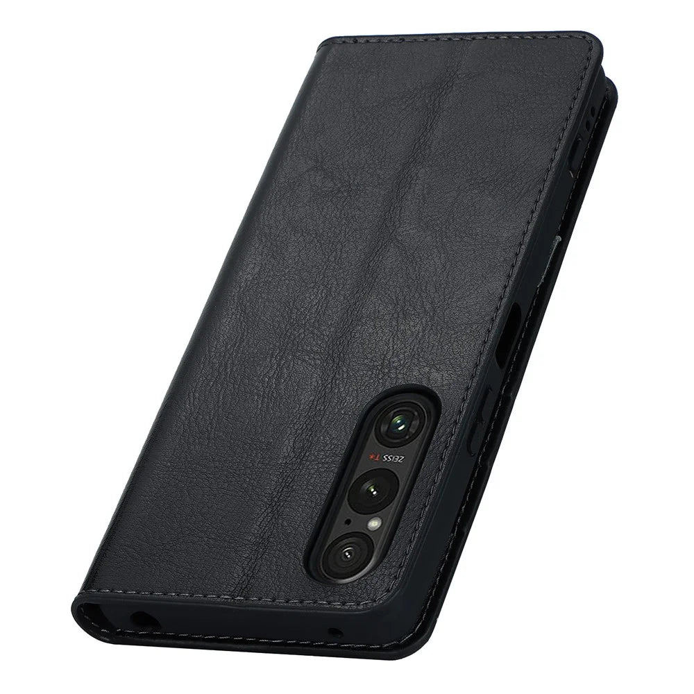 For Sony Xperia 1 V Stand Flip Wallet Crazy Horse Texture Genuine Cow Leather Cover Phone Case - Black - 5