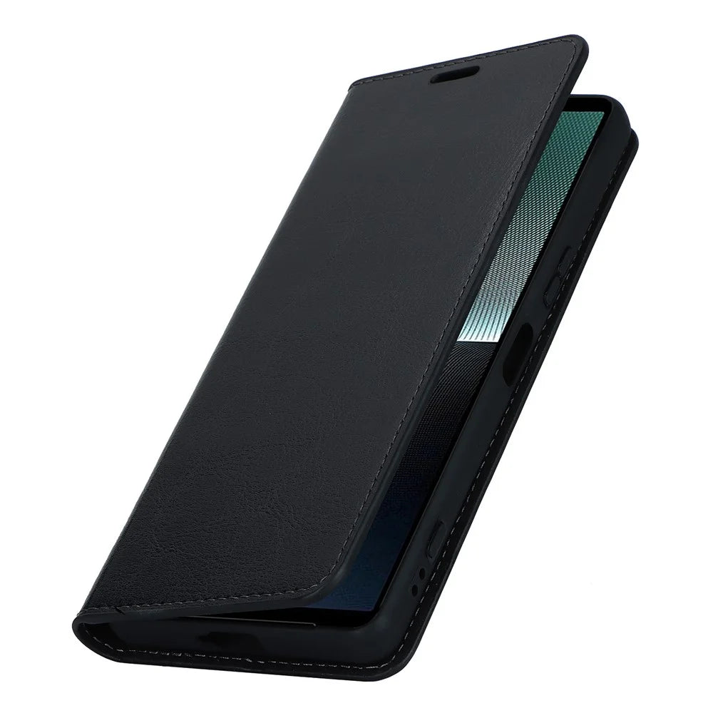 For Sony Xperia 1 V Stand Flip Wallet Crazy Horse Texture Genuine Cow Leather Cover Phone Case - Black - 6