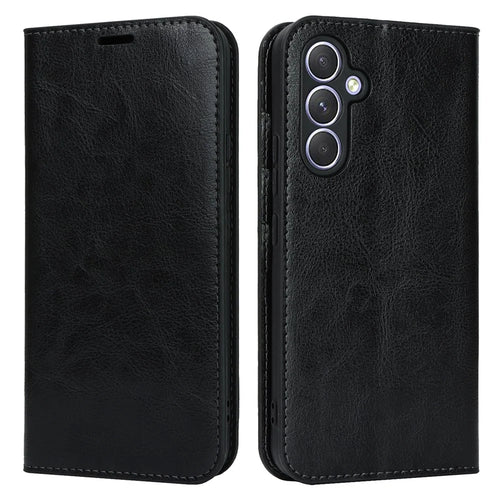 Stand Wallet for Samsung Galaxy A54 5G Crazy Horse Texture Genuine Cow Leather Cover Phone Case - Black - 1