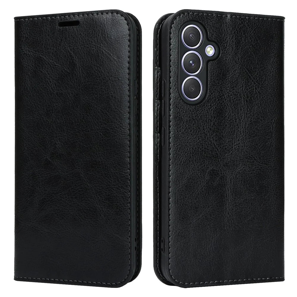Stand Wallet for Samsung Galaxy A54 5G Crazy Horse Texture Genuine Cow Leather Cover Phone Case - Black - 1