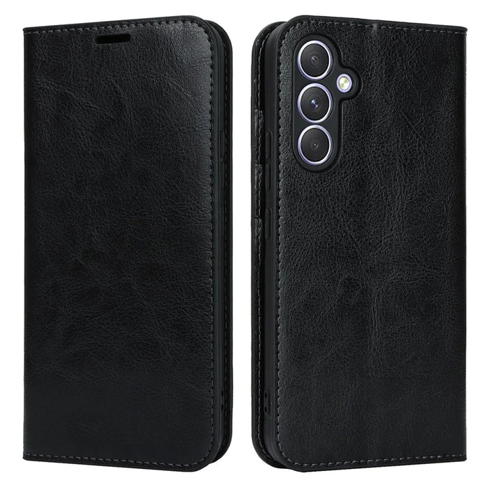 Stand Wallet for Samsung Galaxy A54 5G Crazy Horse Texture Genuine Cow Leather Cover Phone Case - Black - 1