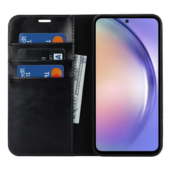 Stand Wallet for Samsung Galaxy A54 5G Crazy Horse Texture Genuine Cow Leather Cover Phone Case - Black - 2