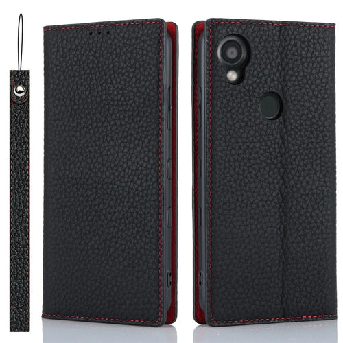 Wallet Cover for Kyocera Digno SX3 KYG02 Litchi Texture Genuine Cow Leather Phone Stand Case with Strap - Black - 1