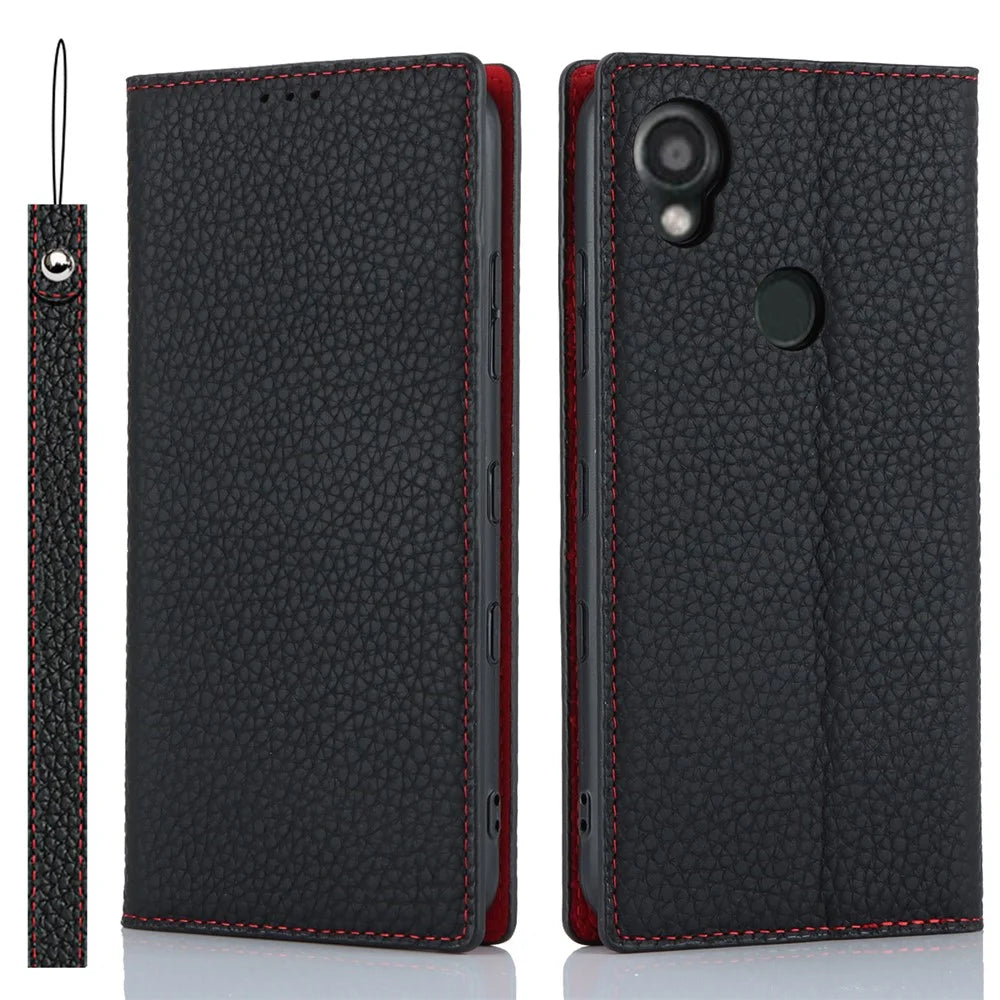 Wallet Cover for Kyocera Digno SX3 KYG02 Litchi Texture Genuine Cow Leather Phone Stand Case with Strap - Black - 1