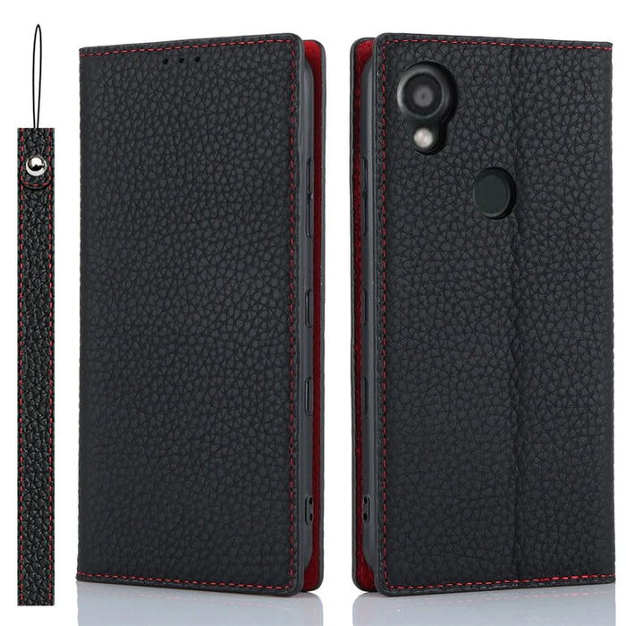 Wallet Cover for Kyocera Digno SX3 KYG02 Litchi Texture Genuine Cow Leather Phone Stand Case with Strap - Black - 1