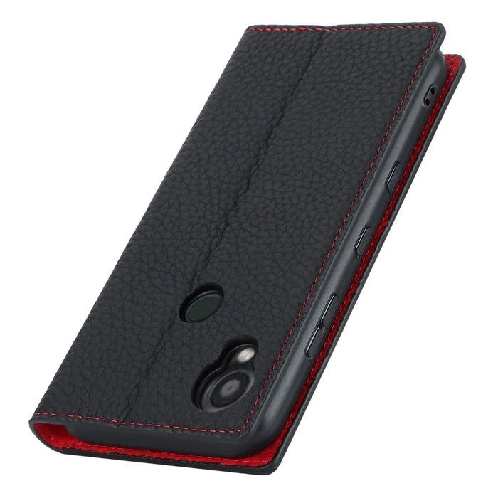 Wallet Cover for Kyocera Digno SX3 KYG02 Litchi Texture Genuine Cow Leather Phone Stand Case with Strap - Black - 5
