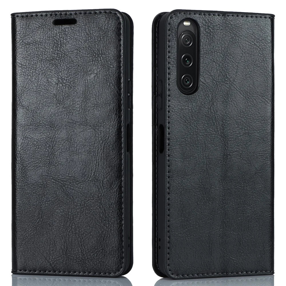 Stand Wallet for Sony Xperia 10 V Crazy Horse Texture Phone Case Genuine Cow Leather Cover - Black - 1
