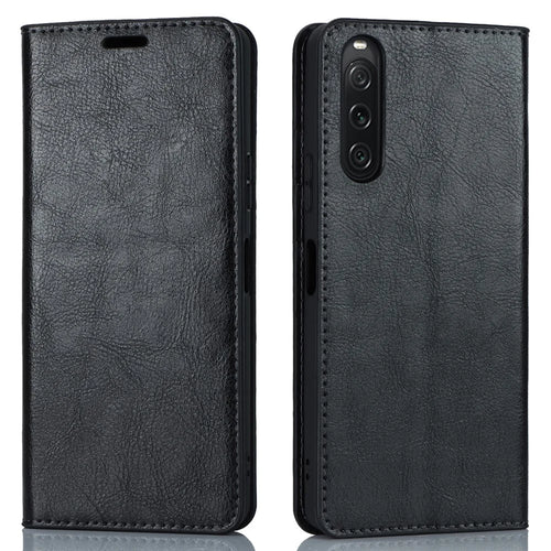 Stand Wallet for Sony Xperia 10 V Crazy Horse Texture Phone Case Genuine Cow Leather Cover - Black - 1