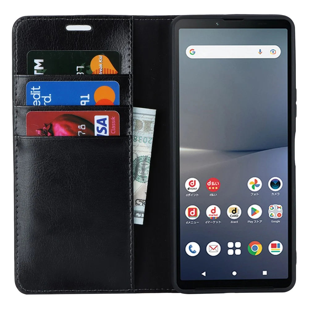 Stand Wallet for Sony Xperia 10 V Crazy Horse Texture Phone Case Genuine Cow Leather Cover - Black - 2