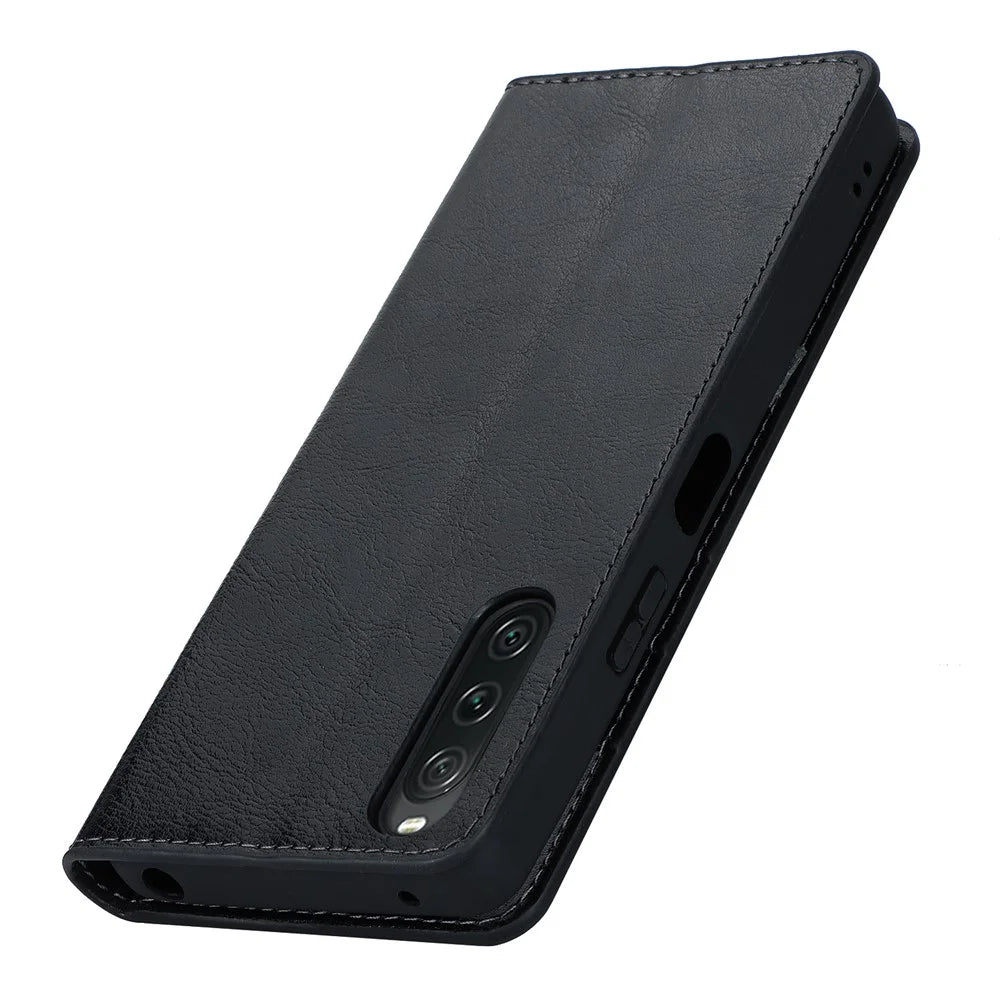 Stand Wallet for Sony Xperia 10 V Crazy Horse Texture Phone Case Genuine Cow Leather Cover - Black - 5