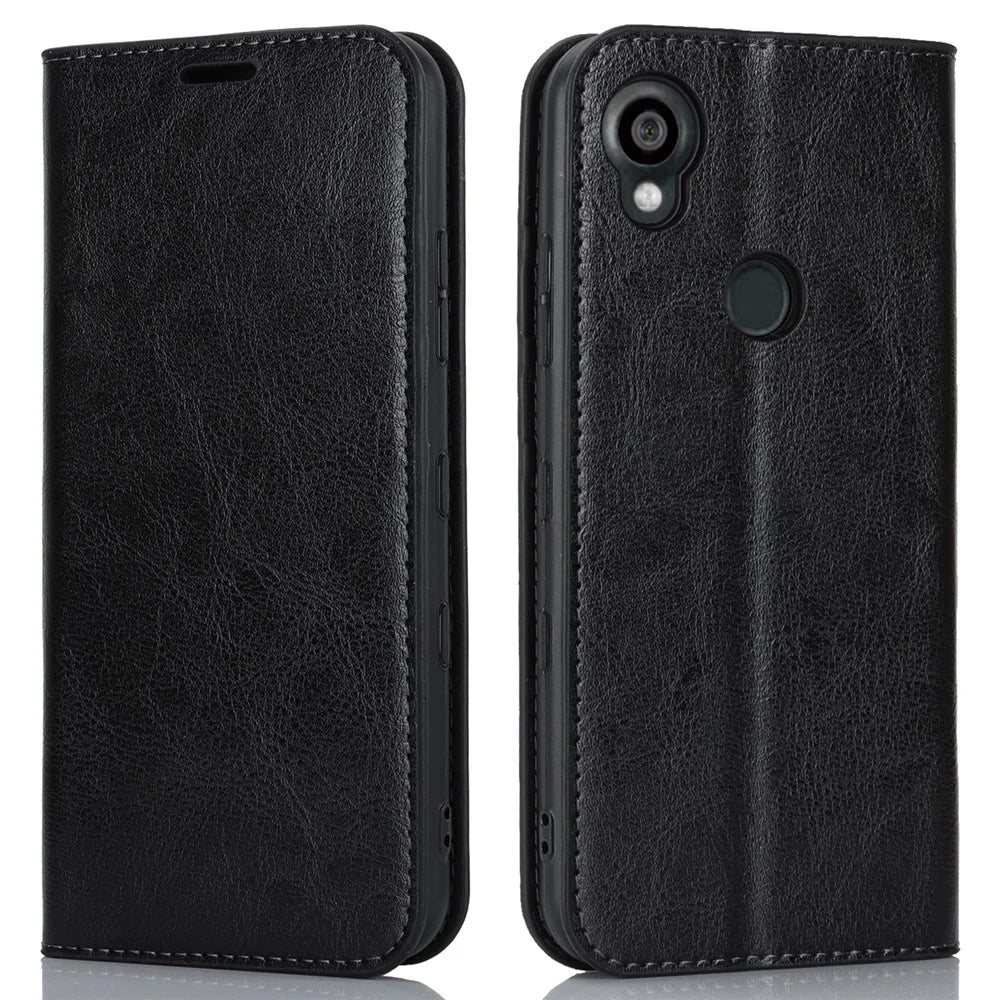 For Kyocera Digno SX3 KYG02 Phone Case Crazy Horse Texture Genuine Cow Leather Stand Wallet Anti-drop Cover - Black - 1