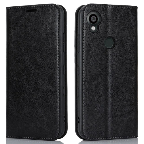 For Kyocera Digno SX3 KYG02 Phone Case Crazy Horse Texture Genuine Cow Leather Stand Wallet Anti-drop Cover - Black - 1