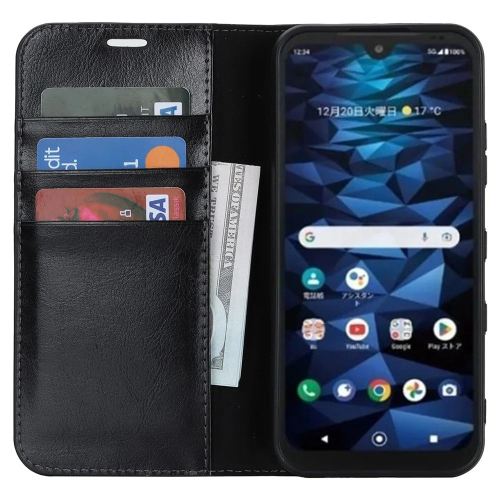 For Kyocera Digno SX3 KYG02 Phone Case Crazy Horse Texture Genuine Cow Leather Stand Wallet Anti-drop Cover - Black - 2
