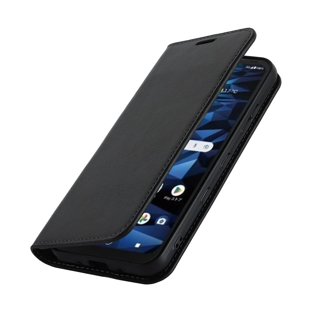 For Kyocera Digno SX3 KYG02 Phone Case Crazy Horse Texture Genuine Cow Leather Stand Wallet Anti-drop Cover - Black - 6
