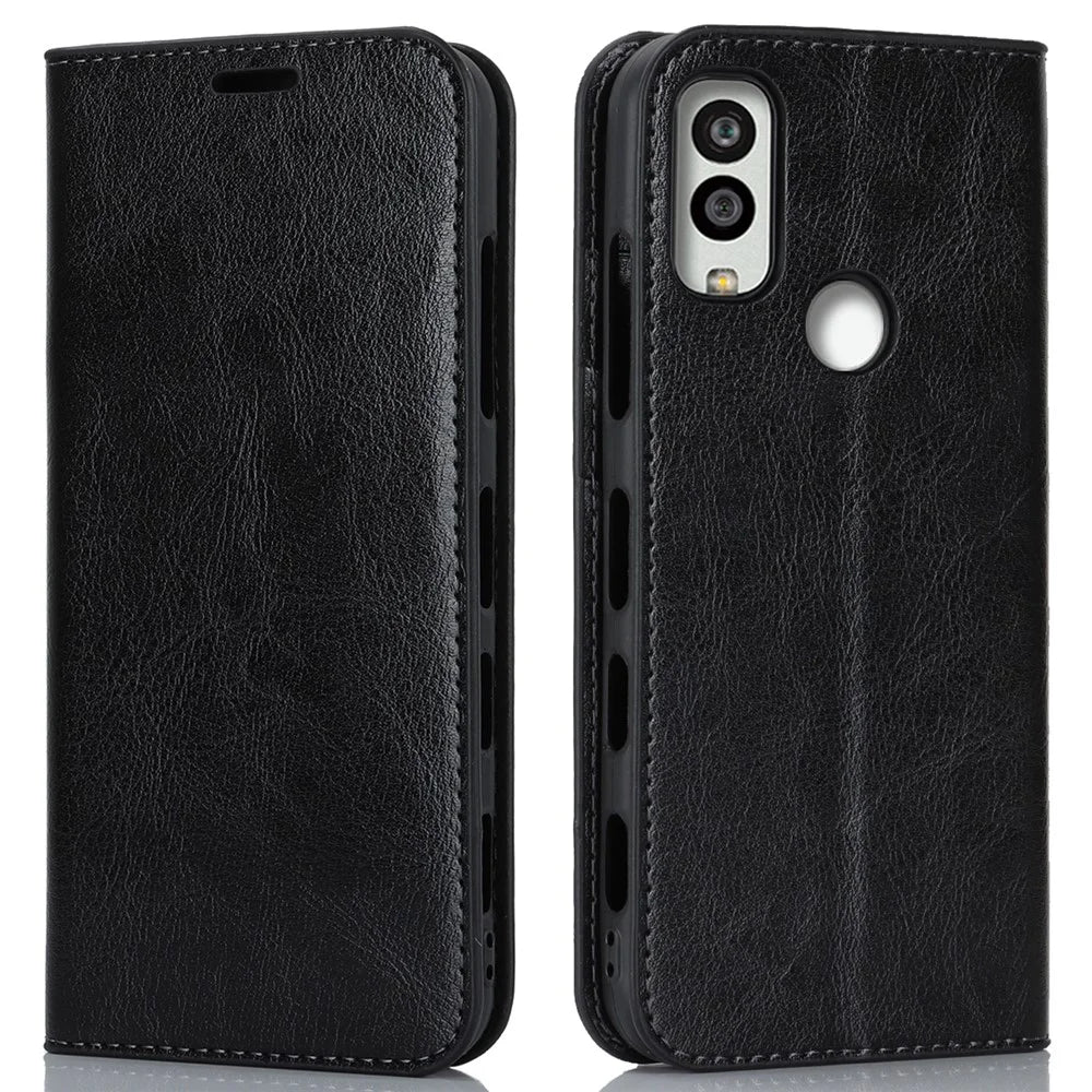 For Kyocera Android One S10 / One S9 Fall Proof Phone Case Crazy Horse Texture Genuine Cow Leather Stand Wallet Cover - Black - 1