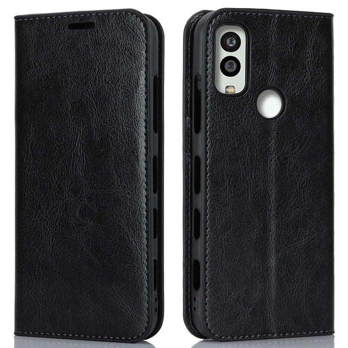 For Kyocera Android One S10 / One S9 Fall Proof Phone Case Crazy Horse Texture Genuine Cow Leather Stand Wallet Cover - Black - 1
