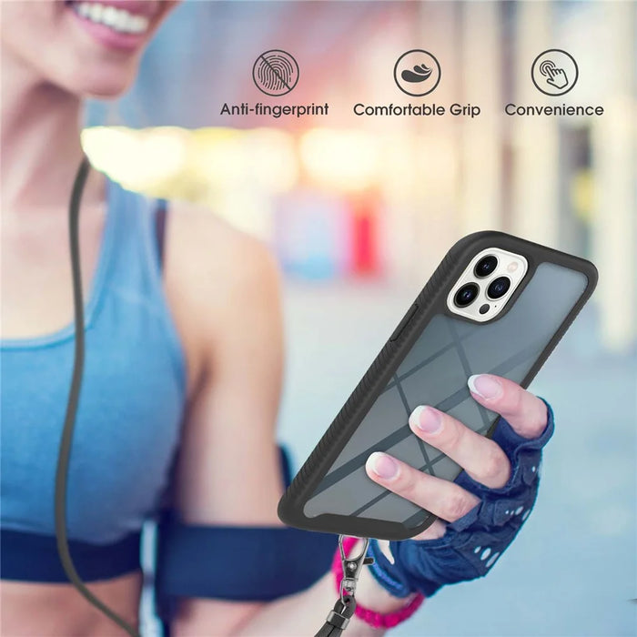 YB PC Series-4 Phone Case for iPhone 15 Pro , PC + TPU Shockproof Back Cover with Lanyard - Black - 6