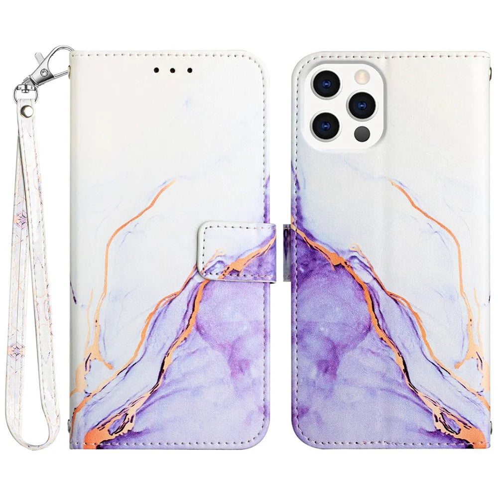 For iPhone 15 Pro Case with Strap Marble Pattern Leather Phone Cover Card Holder - White+Purple LS006 - 1