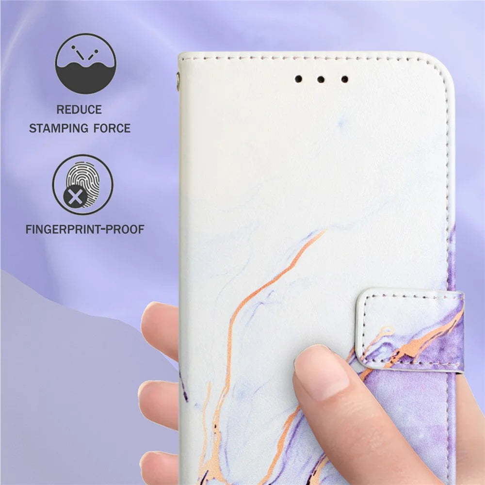 For iPhone 15 Pro Case with Strap Marble Pattern Leather Phone Cover Card Holder - White+Purple LS006 - 7
