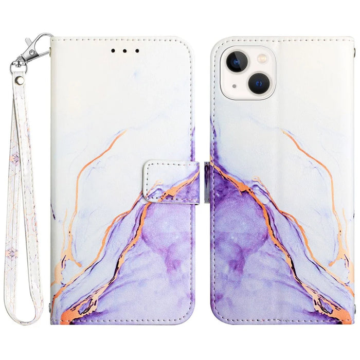 For iPhone 15 Plus Case with Strap Marble Pattern Leather Phone Cover Card Holder - White+Purple LS006 - 1