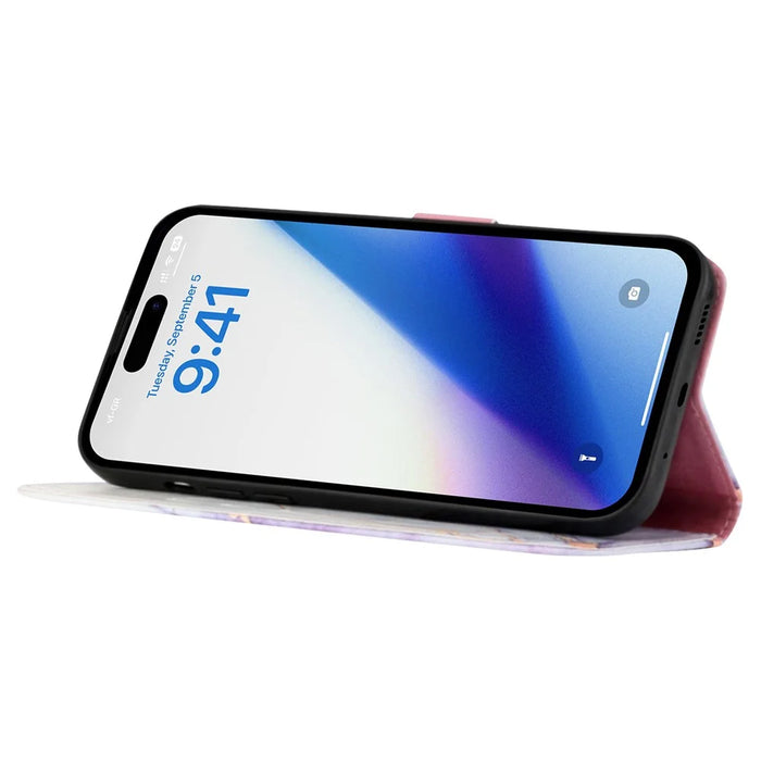 For iPhone 15 Plus Case with Strap Marble Pattern Leather Phone Cover Card Holder - White+Purple LS006 - 3